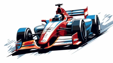Contemporary vector clipart featuring a stylized indy car, represented by bold lines and abstract shapes, highlighting the car's distinctive design and speed, suitable for use in logos, icons, or racing-related infographics, on a clean white background