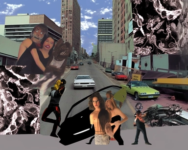 collage, graphics, magazine cutouts, comic book covers gallery, interesting artifacts, jewelry, ephemera, black liquid ooze, chrome metal frame, assorted photos, scrap book, photo album, evil comic, car stunt gone wrong, broken glass, shattered glass, newspaper clipping, trading card, knife, skyline on fire, scanned paper, scorpion, charcoal sketch of a scorpion, burglar, housefire, cosmic radiation, assorted varitey, mugshot, action figure, pin button, embroidered patch, artifacts