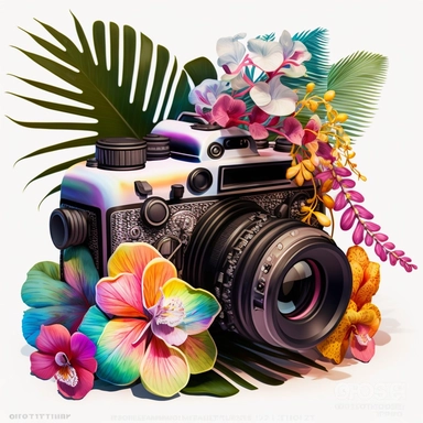 clipart of an old fashioned photo camera, 1 photo lens only, surrounded by an intricate arrangement of dramatic extravagant digital 3D rainbow orchid, palm leaves, in the style of large-scale photography, lush detailing, cartoon style, playfully intricate, made of flowers, bloomcore, thaï ambiant, 8K, clipart, clear background