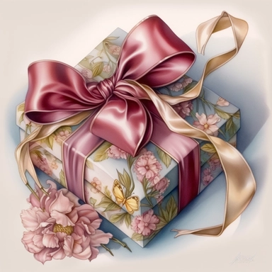 insanely beautiful wrapped gift , in the style of beatrice potter and jody Bergsma, silk pink bow,32k uhd, hand-painted details, pastoral illustrations, amazing colour combinations of pink and burgundy , aquarellist, hd , white background clipart ,-- no watermark--ar 27:37