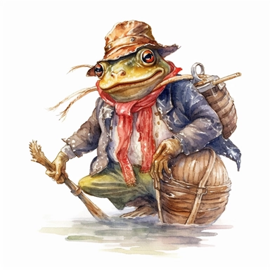 watercolor fairytale frog clipart, as it depicts the frog dressed as a farmer, transporting you to a world of farming folklore and inspiring imaginative storytelling filled with rural charm, 8k, fantasy style, white background