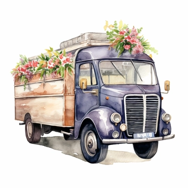 side rear realistic watercolor drawing of a vintage flower delivery truck in England, on a white background where the background will be removed to repurpose as a clipart.
