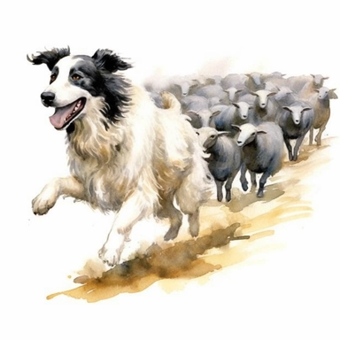 Dog Clipart, Dog running after flock of sheep, Full body animal, Watercolor by Thomas W. Schaller, white background, solid white background, realistic