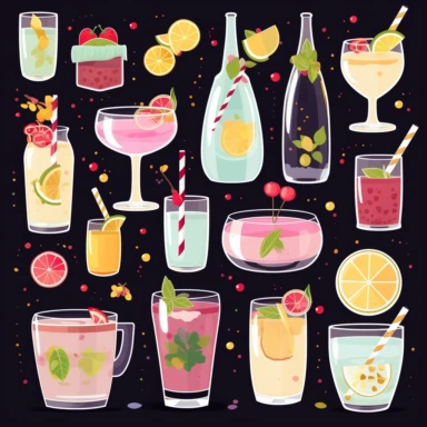 Digital stickers, planner decorative elements of different alcohol drinks, children's book illustration style, pastel color, cartoon clipart, flat colour, flat design, vector, contrast background