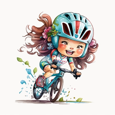 a watercolor painting of chibi Triathlete girl riding a triathlon bicycle, wearing bicycle helmet, wearing a triathlon gear, with athletic outfits, full body, smiling, both hands over the aerobars, Sport graphics, action clipart, 8k, watercolor, isolated on white background, 3d