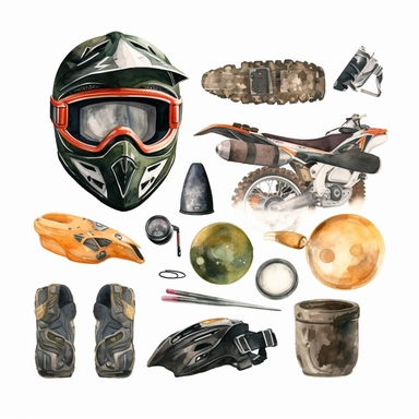 watercolor clipart pack of dirt bike accessories including a helmet, gloves, wheels, tyres