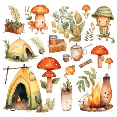 cute kawaii camping clipart set, watercolor, ,white background