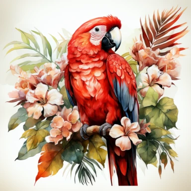 hyperrealistic ultra detailed watercolor clipart, red parrot with jungle flowers, white background, in the style of digital print, clipart, illustration, sticker, ultra high definition, rich details, 32K, HD