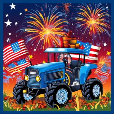 Super cute, American flag with tractor and firework Sublimation Clipart, Cartoon funny, Cute anime, Very detailed, blue skycolorful background
