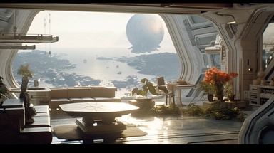 movie clip scene , living room studio and kitchen open concept photographic high definition render, cold blinding shinny white winter light god rays shadows shimmering closeup detail concept art detailed painting with giant spaceship window of a cool industrial living quarters spaceship , huge over window with gorgeous galactic view, happy blade runner android, cool airvehicle cockpit, living bedroom office, droid parts in shinny clothes sitting on a fresco concrete wall, cool sci-fi vehicle uti