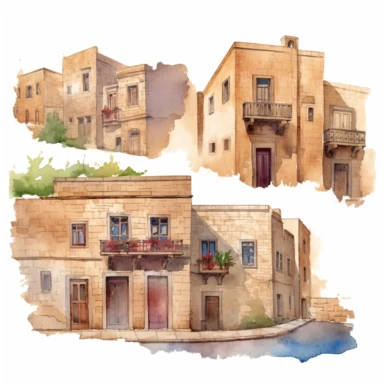 watercolor mardin town in turkiye, illustrations clipart set, simple, , cartoon elements ,different variants , historic stone houses,historic buildings, cobblestone lanes, tone facades of the buildings, Mardin's stone Alleyways separate elements with a margin