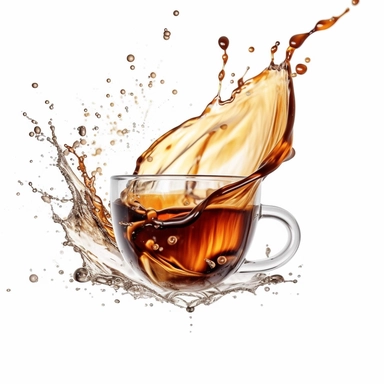 Clip art of coffee being poured or a splash of coffee, creating an energetic and dynamic visual, against a white background