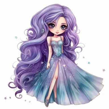 A cute detailed girl in chibi style, Jasmine Becket - Griffith style, watercolour illustration clipart with real glitter detail, wearing a beautiful lilac full length ballgown style dress, the girl has long deep purple hair, the girl has ice blue eyes, full body image, with feet isolated on a white background,