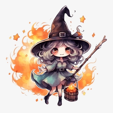 Cartoon Witch Clipart, with white Background, 8K, watercolor, HD,