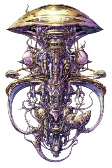 hyper realistic Space-time manipulator - A clipart image of an alien device that can manipulate space-time, used for creating wormholes or altering the fabric of space realistic watercolor,in the style of J. Scott Campbell, main color:lavender, accent color: gold, neutral color:white illustration,realistic,symmetry,png,white background