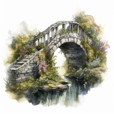watercolor, hyper realistic, white background, white margins, 16k, ultra detailed clipart, cut out image, hand-drawn an enchanted bridge with a moss-covered stone archway and delicate flowers growing along the edges of the bridge.