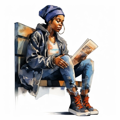 watercolor clip art image of a black teenage girl wearing hip-hop clothes holding a magical book, waiting at a bus stop