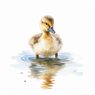 realistic, high resolution, ultra details, Fluffy Duckling on water, watercolor clipart, completely white background