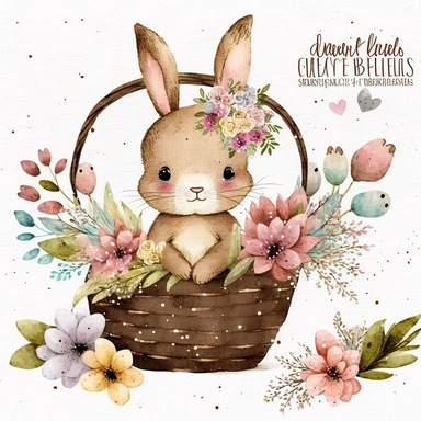 Cute Watercolour Baby bunny Clipart, cute brown, in Basket, spring, pink flowers, easter themed, set against a white background, perfect for a mugs, cards, frame artwork, scrapbooks, T-shirts, pillows, bags, stickers