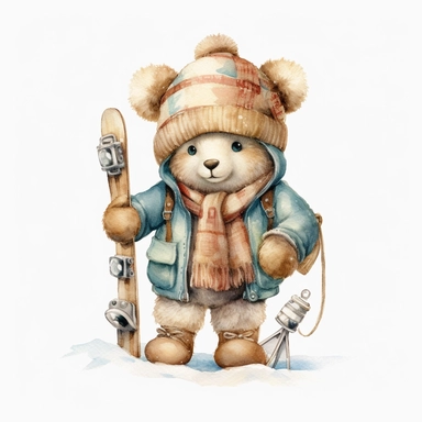 Cute baby boho teddy bear dressed in vintage clothes and vintage skiing, Sublimation graphics, by Beatrix Potter, watercolour clipart, unique design, print on demand image, transparent PNG background, white background, 8k