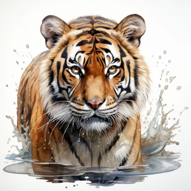 hyperrealistic ultra detailed watercolor clipart, tiger full body in water, isolated on white background, in the style of digital print, clipart, illustration, sticker, ultra high definition, rich details, 32K, HD
