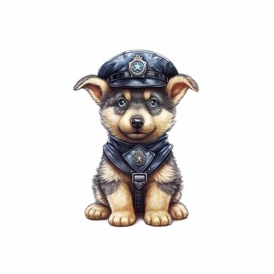 Adorable cute fantasy german shepherd dog dressed like a police officer, nursery art, clipart image, lineart image, white background, very detailed, 8k