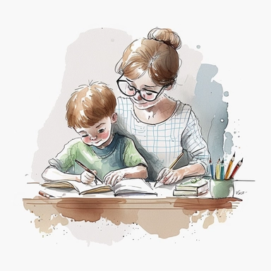 cartoon watercolor cute mother doing homework with her boy, very detailed, clipart, modern style, white background, 8k--v 5--q 2