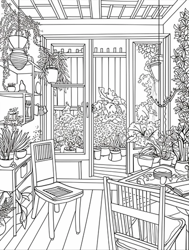 An Adult Coloring Book Featuring Fun and Relaxing Interior Home Designs with Beautifully Furnished Rooms and Welcoming Outdoor Spaces, coloring page line art, black and white clipart for coloring page, simple and clean line art, illustration style,