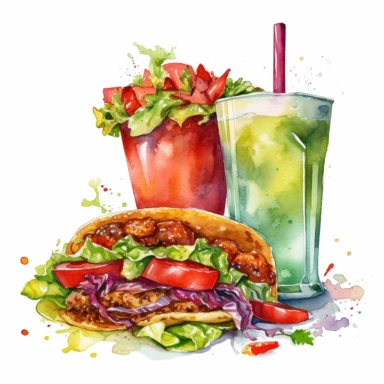 super jamy tacos with chopped tomato, guacamole and lettuce, and mojito drink, backgroung watercolor painting, mixed media, isolated, Extremely detailed, white backgroud, clipart