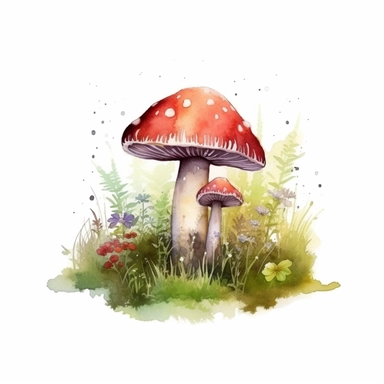 detailed watercolor clipart, photography style, cute mushroom, in a meadow, HDR, spring floral,self shadow, white background