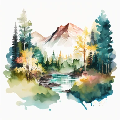 aquarel, jaw dropping beautiful forest landscape with mountains and river in the sun, nature, clipart png, white background