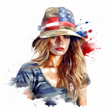 a gorgeous American soldier, her t-shirt and hat represent her flag, vibrant colors, clipart with white background,--v 5