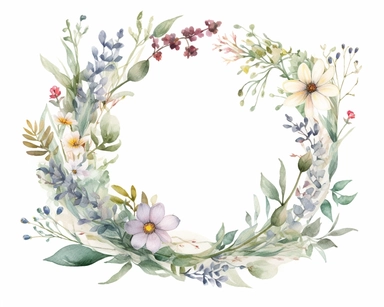 a watercolour of a 7:10 rectangular frame, a floral flourish and a wreath made out of very delicate spring wildflowers on white background for clipart, 8k