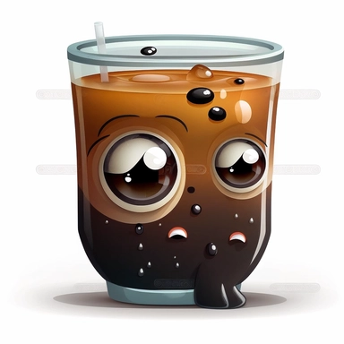clipart cute cup of ice americano coffee with small eyes, white background, no text