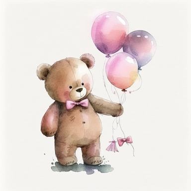 watercolor happdy teddy bear with a pink bow tie and pink balloons in his hand, clip art, white background, no caption