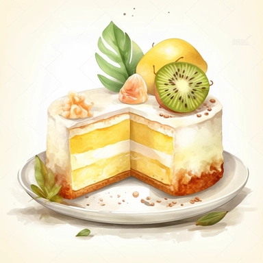 Watercolor clipart of Durian Mousse Cake: Layer Durian mousse between sponge cake layers and top with fresh whipped cream and Durian pieces for a light and airy dessert that's perfect for hot summer day, intricate details, vector, hyperrealistic, white background, no splashes, no text, no watermark