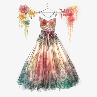 panoramic view, full view, beautiful flowing tropical party dress in vibrant colors on ornate hanger, shabby chic, elegant, ethereal, romantic, fantasy, high detail, shabby chic, sharp focus, 8k, illustration sketch, clipart style, transparent background