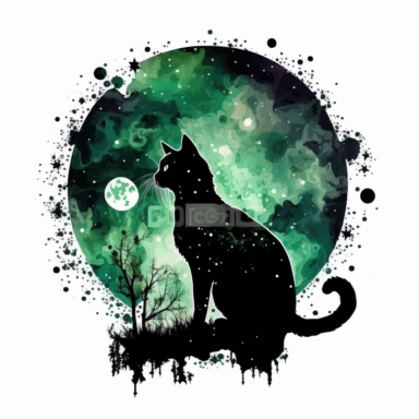 space sky moon night cat green painted clipart white backround