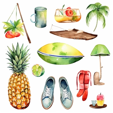 watercolor painting clipart of summer themed items, like a picnic table, tennis shoes, a cocktail with a little drink umbrella, coconuts,palm trees,sail boats, canoes,
