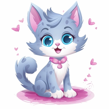 happy playfull fairy kitty, full body, playing, long eyelashes, cartoon character, vector illustration, clipart, 2D