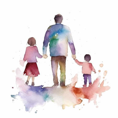 children holding father's hand, water color style, clipart, white background