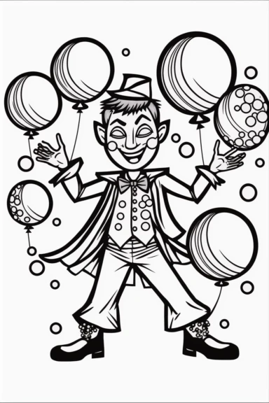 an outlined Mardi Gras cute street performer juggling balls and wearing a mask, Coloring Book, white background, black and white, [clip art]