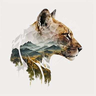 double exposure shot, profile of a Cougar head filled with mountains forest landscape,white gray tawny black fur, character design, half realisitic with intricate details half geometric, clipart isolated on white background