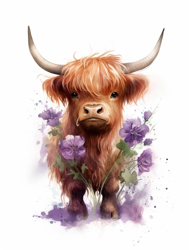 realistic watercolor cute baby highland cow and purple flowers floral bouquet, full body, white background, children book illustration, 8k, ultra detailed clipart, warm colors