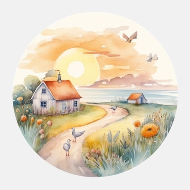 summer sunshine farm landscape clipart circle on a white background, soft colors beach aesthetic, fantasy watercolor illustration, detailed, high res 8k
