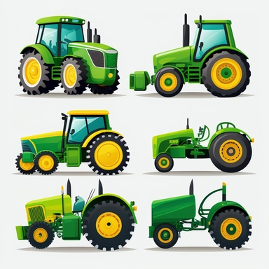 cute colourful vibrant green farm tractor vehicles, each side profile view front view, rounded edges, rounded corners, detailed vector clean illustration, clipart, svg, white background