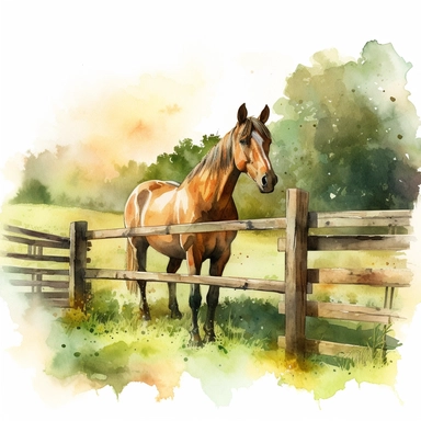 watercolor horse in a corral peacefully grazing on a farm, embodying grace and serenity amidst the bucolic surroundings, a wooden fence on the background, horse in a lush pasture, with the vibrant green grass providing a natural carpet beneath its hooves warm rays of the sun, bright sunshine, hyper realistic, isolated white background, 8k, ultra detailed clipart, warm green