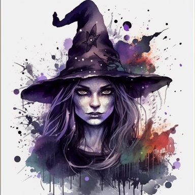 clipart, a black witch in a black costume with hat splattered on, in the style of nightmarish illustrations, dark face, in the style of realistic watercolor paintings, magali villeneuve, gothic style, splatter painting, dark violet and light black, realistic watercolors, dark gray and amber, junglecore, animals and people, no background