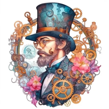 A masculine in sweet steampunk style, water color style, pinks, oranges, blues, teal, and liquid gold, watercolor illustrations, white background, clean and elegant, sinister beauty, very detailed, victorian-inspired illustrations, watercolor illustration clipart, watercolor clipart, serge Marshhennikov, victor nizovtsev, i can't believe how beautiful this is