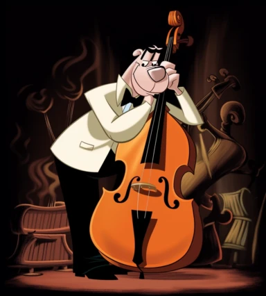a cartoon dog playing a musical instrument, a cartoon, by Tex Avery, tumblr, pop art, !!!anthropomorphic!!!, double bass, ???☺???, gangster, clipart, matthew stewart, great pinterest photo, tv show, photo shoot, hanna barbera style, hot hot hot, performance, strings